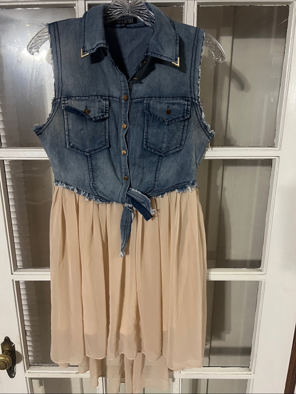 Love Culture Denim Tie-Front Bodice Dress with Cream Skirt